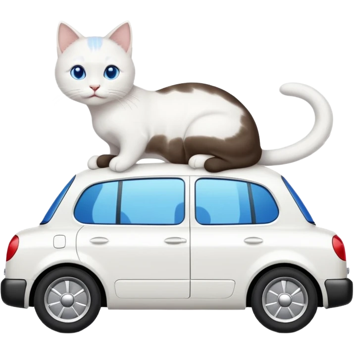 Please create a small emoji the size of 🚗 featuring a pure white cat with short tail with blue eyes on a white saloon car viewed from side. Again it is necessary that the emoji must be extremely small, much smaller than a standard sized sticker. emoji