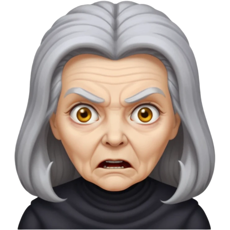 Angry old woman with long gray hair beehive style and scary eyes emoji
