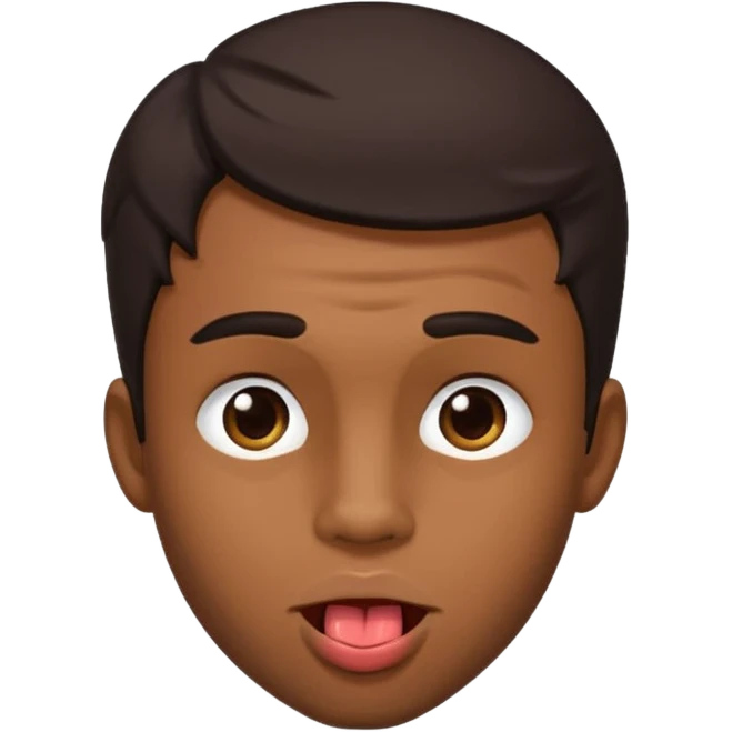 A brown skin guy with dark hair that is his covering forehead, his head is tilted back a bit and his tongue is out emoji