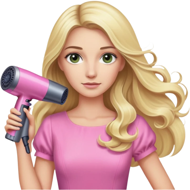 blonde with long hair, swamp eyes, pink dress, holding Dyson hair dryer emoji