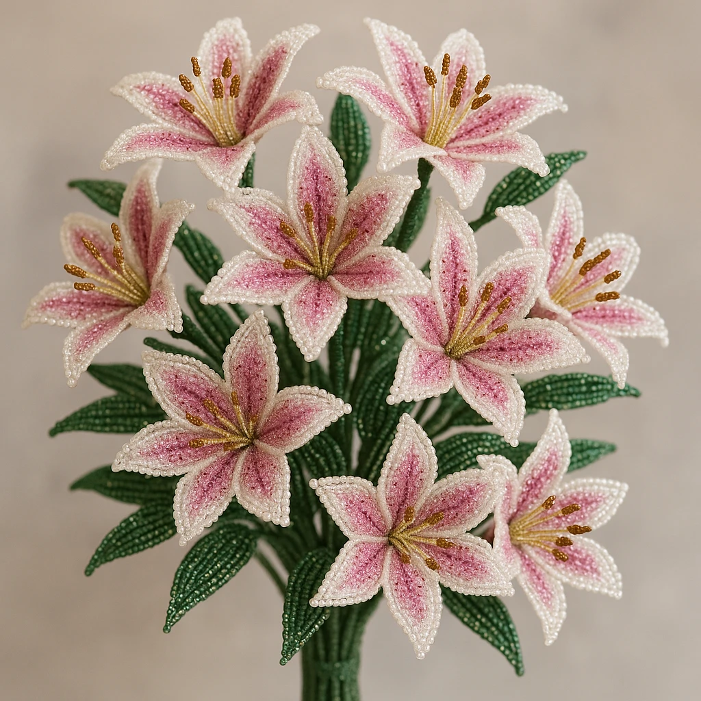 a dozen french beaded stargazer lilies, arranged in a bouquet, sparkling beads, pink and white flowers, green leaves, delicate craftsmanship, soft background emoji