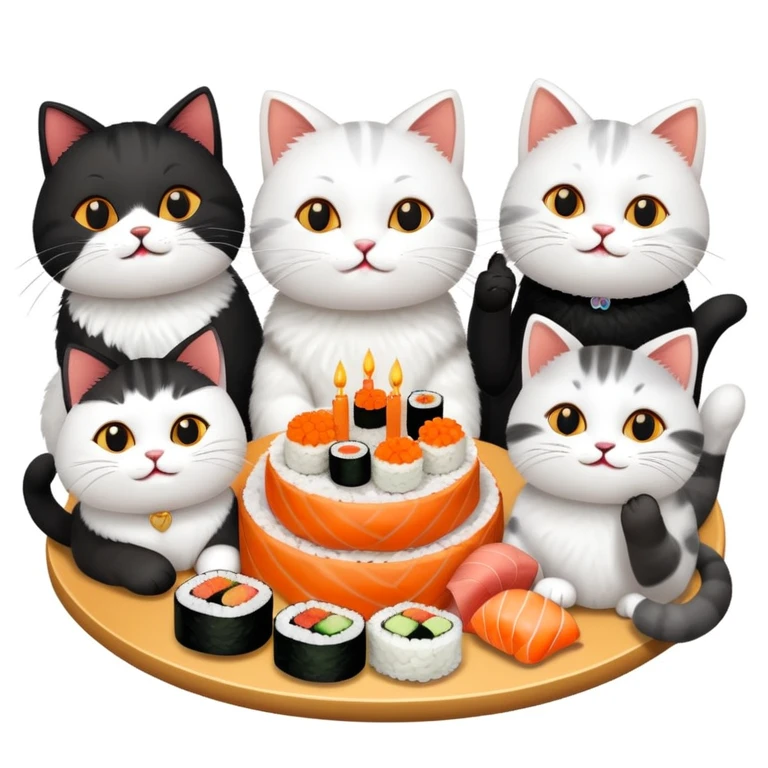 Group of nine cats having sushi at a birthday celebration emoji