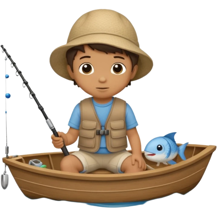 A single Little boy on a little boat fishing, felt texture, scrapbooking, precious moments style character emoji