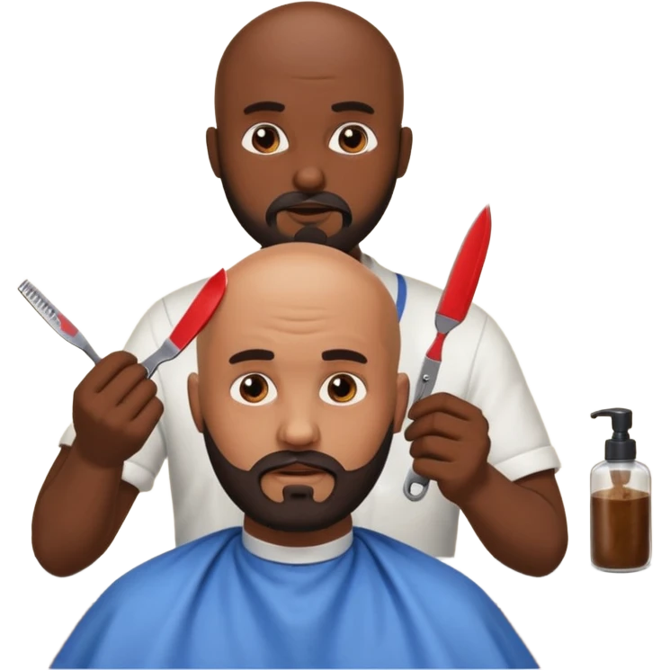 A bald man with a dark brown beard cutting someone’s hair at a barber shop and the other one is eating a poop emoji