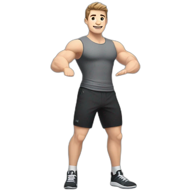 Full height Actively gesturing with hands Pale skinned Fit Man With the biceps and brown hair in dark gray Sleeveless Mike, black oversize sports shorts, watch and white Sneakers emoji