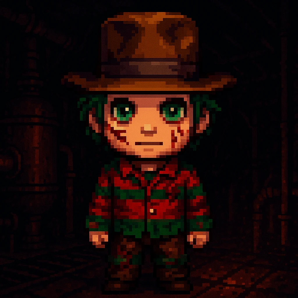 Add a spooky, nightmarish background with a boiler room and dark shadows behind Freddy Krueger, keep pixel art style emoji