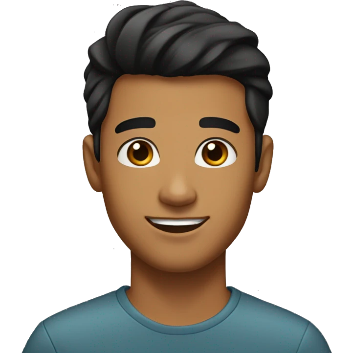 A young man with caramel skin, slightly longer black hair, a smiling face without a beard. Dark brown eyes Clean eyebrows  emoji