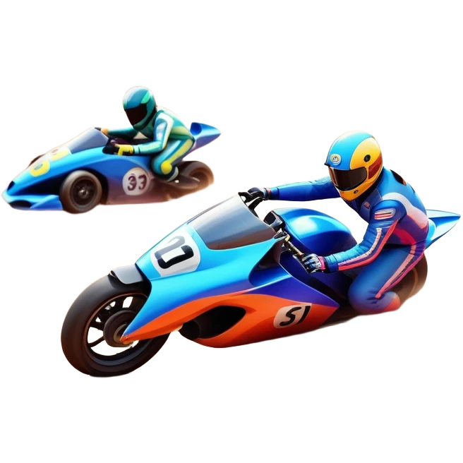 A sleek racing car and motorcycle speeding on a track, leaving a trail of dust behind. The scene captures the thrill of high-speed competition, with blurred motion and vibrant colors, highlighting the dynamic energy of motorsport. emoji