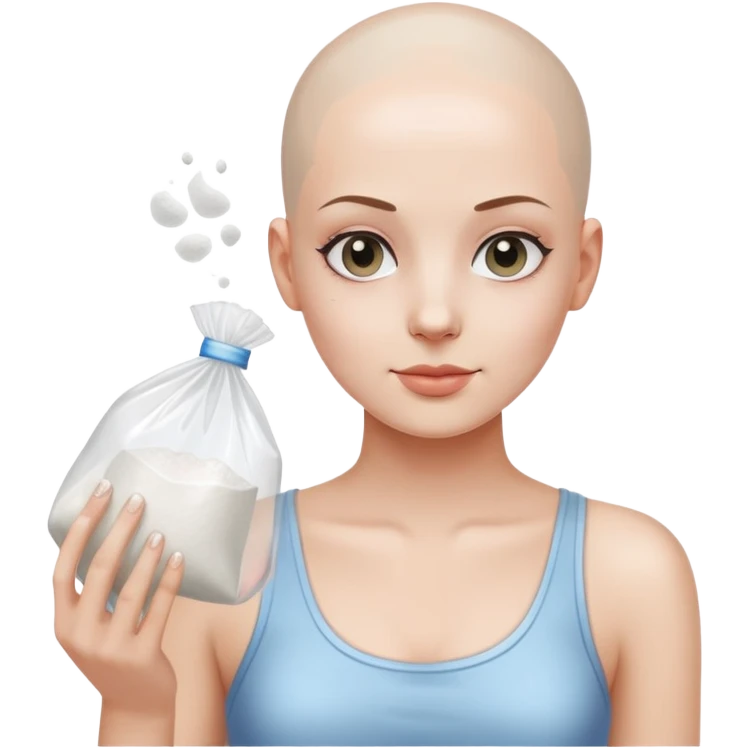 Bald girl holding a clear plastic bag with white powder  emoji
