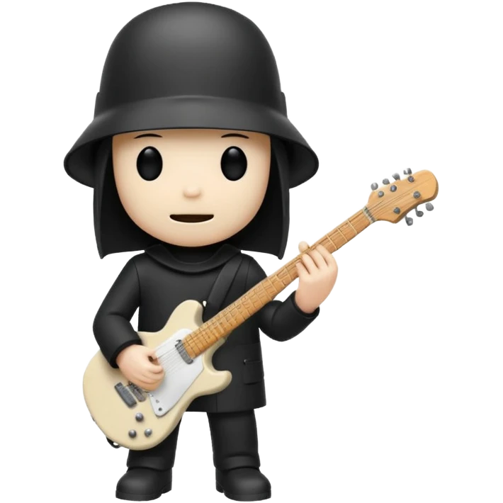 Minimalist chibi emoji of Buckethead: tiny body, oversized bucket helmet, simple black clothes, holding a guitar, spooky-cool but adorable emoji
