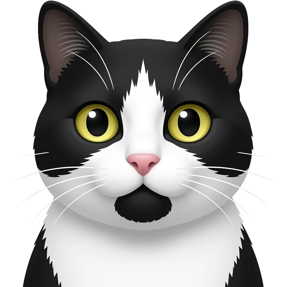 Emoji de gato blanco y negro con mancha negra abajo de la boca y en la punta de la naris emoji