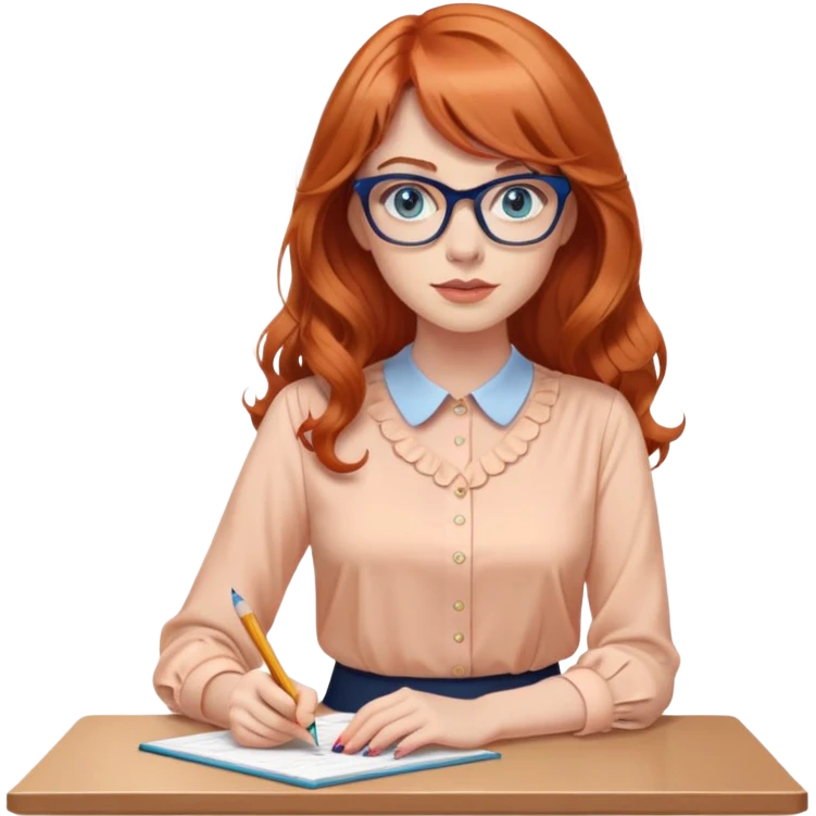 redheaded woman with long wavy hair and bangs, blue eyes, cat-eye glasses, pencil skirt, apricot blouse, holding a pencil emoji
