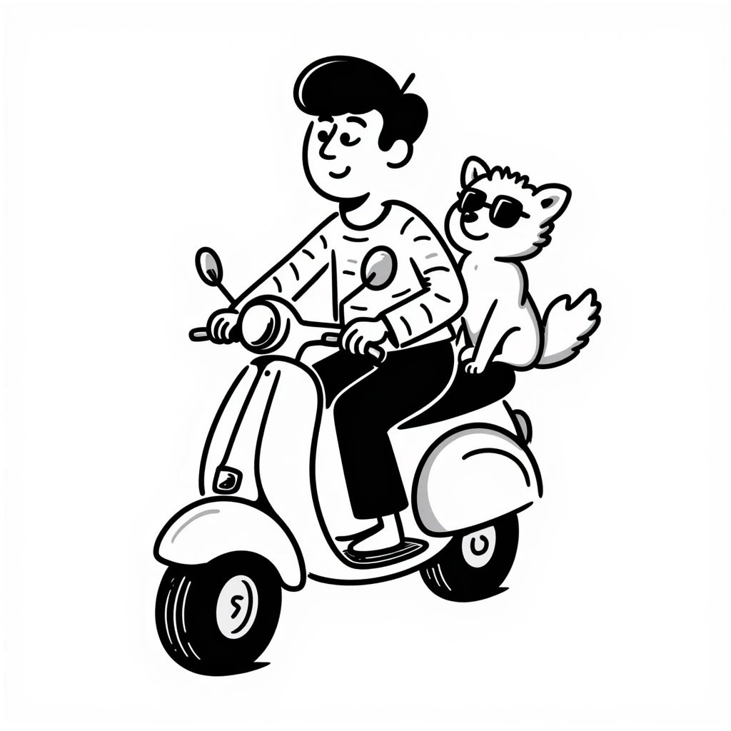 man and his pet dog riding a vespa emoji