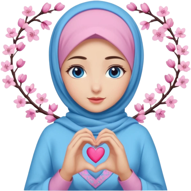 Turkish beautiful finish Konya girl blue eyes with mini cherry blossom hijab and lila blue pink dress and she make heart with hands emoji