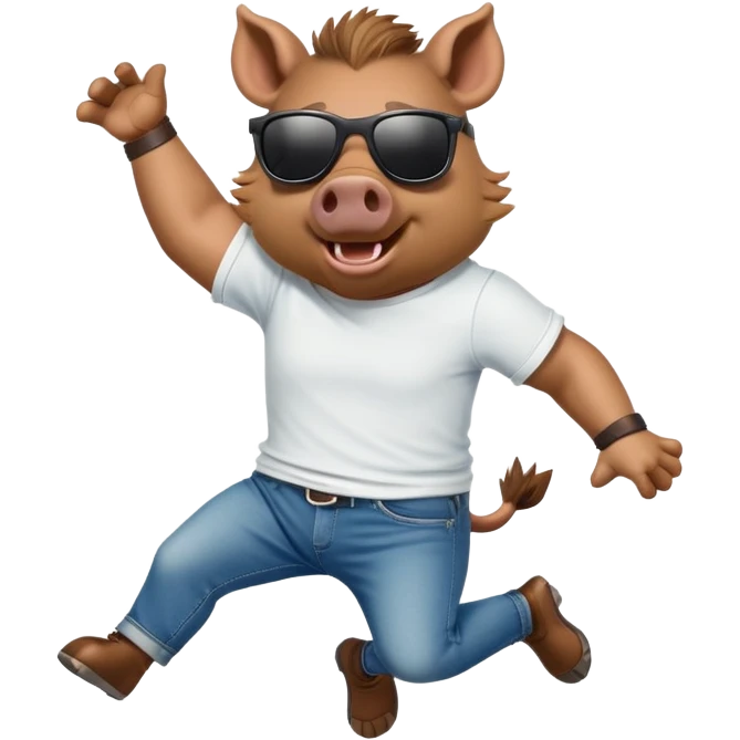 friendly anthropomorphised boar in jeans and a t-shirt, wearing dark sunglasses, jumping pose emoji