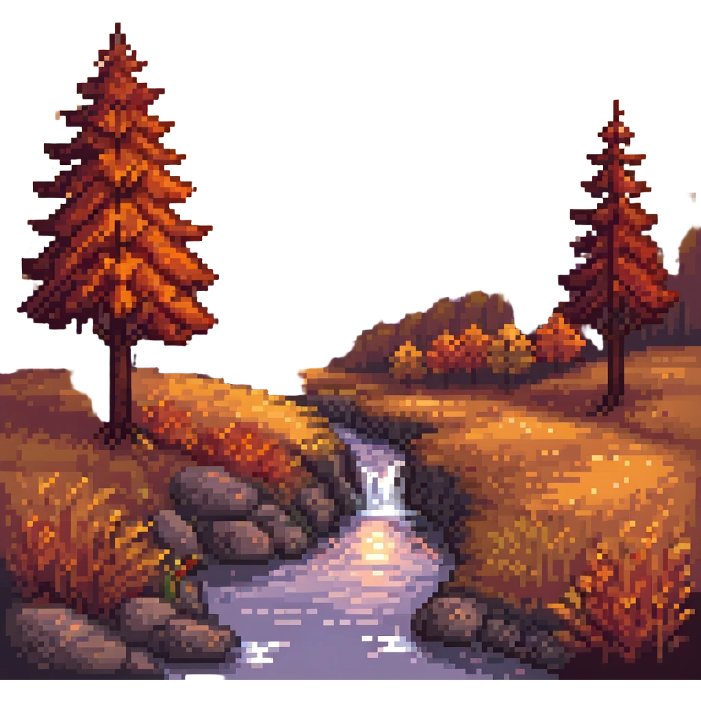 pixel art fall landscape at sunset, orange and red foliage, glowing sky emoji
