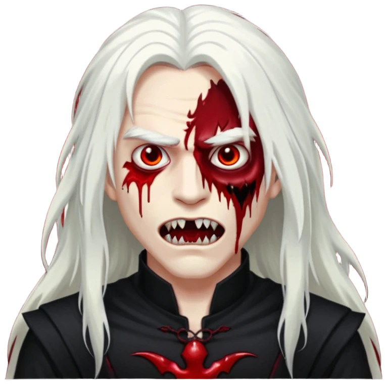 Creat a young man Vampire that have long white hair and white skin and full black eyes and bloody mouth and full black outfit and long fangs and scary eyes emoji