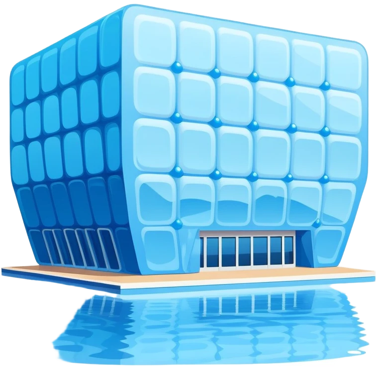 Beijing Water Cube National Aquatics Center blue bubbled building, simplified emoji style with bold outlines and bright colors, cartoon style modern structure emoji