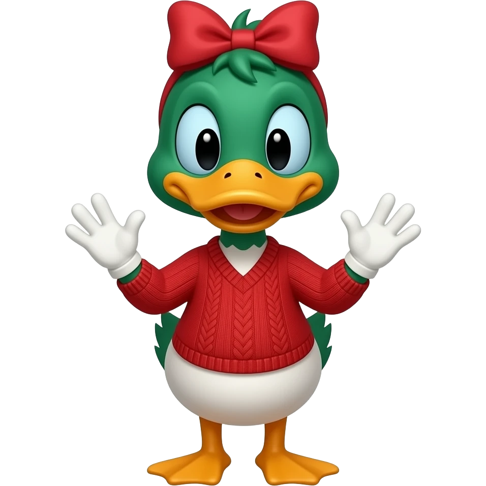 Cartoon Duck all green orange big bow and red  dress sweater white gloves very tall look goofy and silly and Looney full body emoji