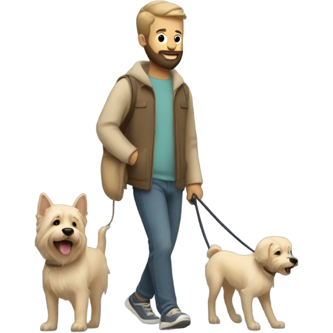 Bearded man taking his short hair beige dog for a walk  emoji