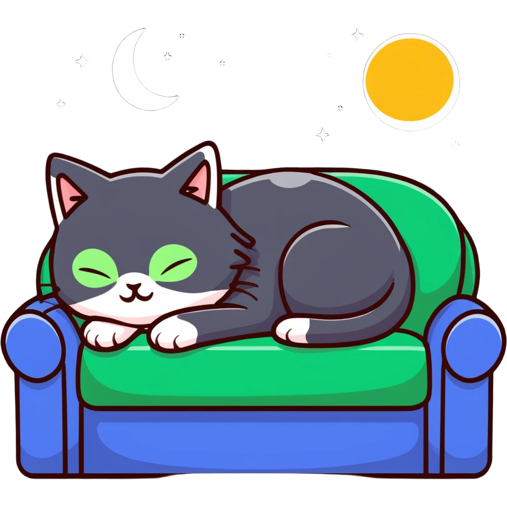 tricolor fluffy cat with big green eyes sleeping on a sofa with a moon above her emoji