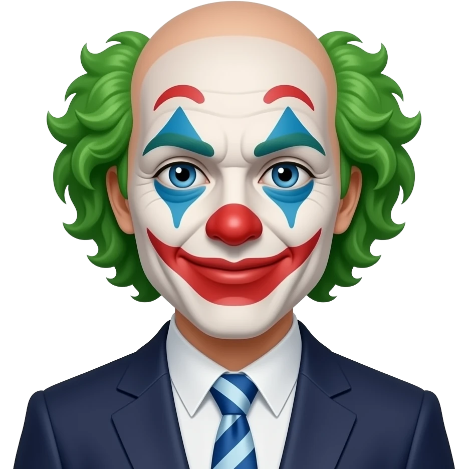 totally bald person with blue eyes and a suit and tie with a clown hair emoji