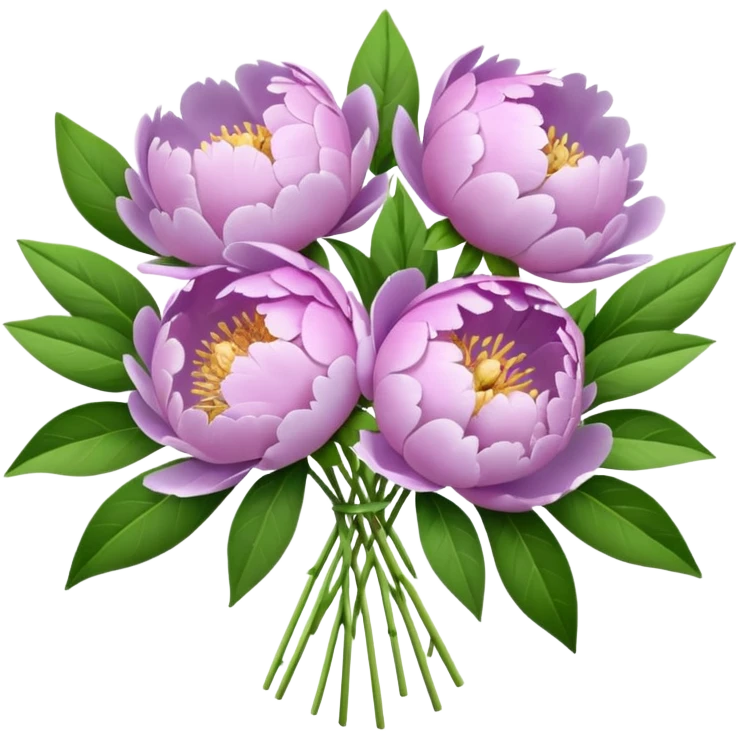 pastel lilac bouquet of peonies with green leaves emoji
