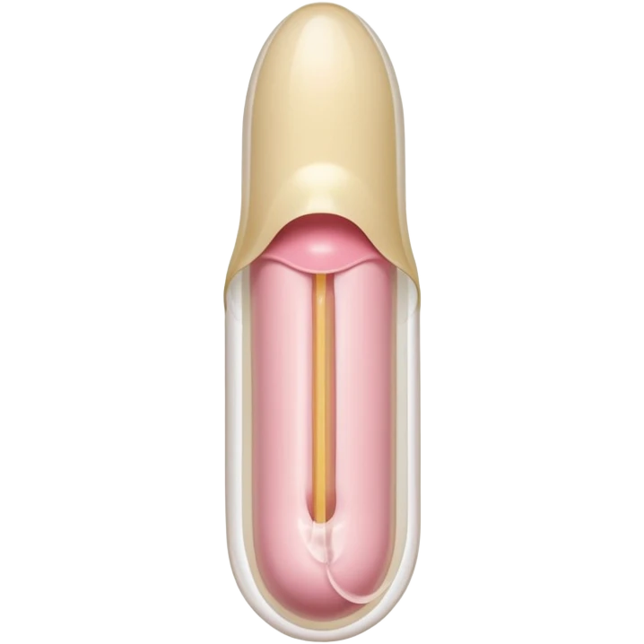 white transparent condom fully covering cylindrical beige-pink colored penis shaft, no face. at top of penis, add glans penis tip, a urethra opening hole/slit line and corona line. at the bottom end/base of penis make it flat. add reservoir tip to top of condom emoji
