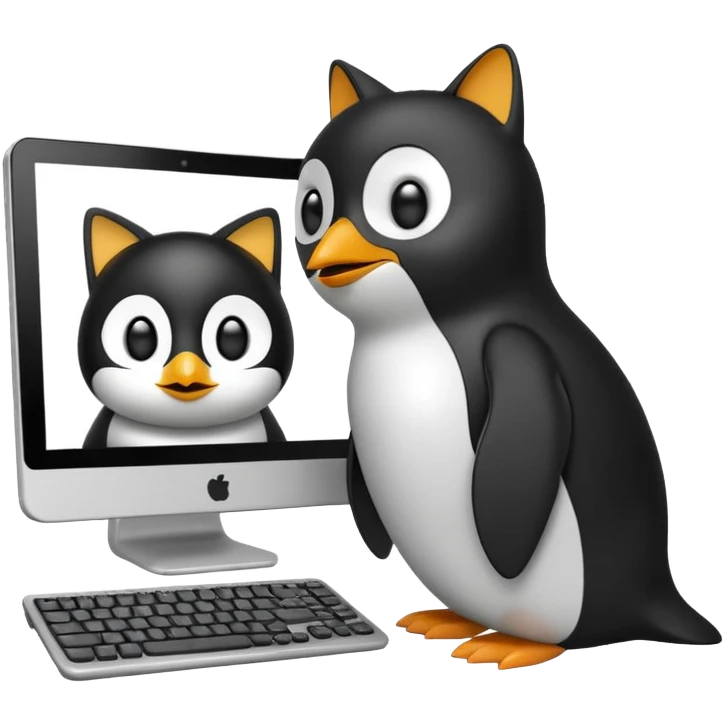 a penguin and a cat looking at a computer screen, emoji style emoji