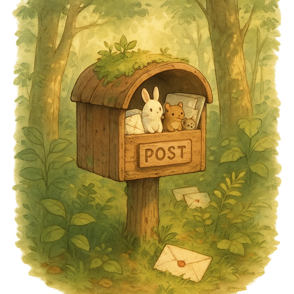 forest mailbox with tiny animal letters, cozy woodland theme, soft, detailed, warm lighting emoji