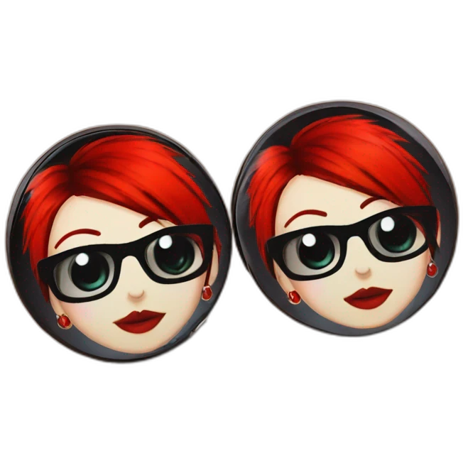 Punk female earrings glasses,red and black short hair, emoji