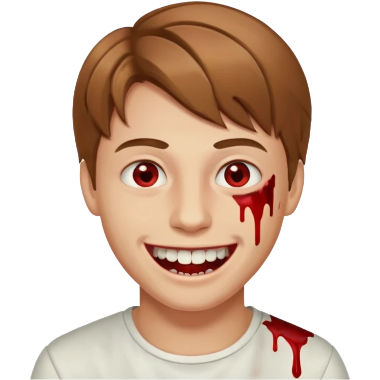 pjv,b парень с русыми волосами средней длины; белая кожа; белые глаза; открытая улыбка, окровавленные зубы; emoji