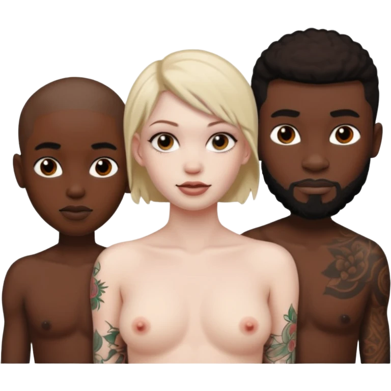 naked tattoed female, 2 black males emoji