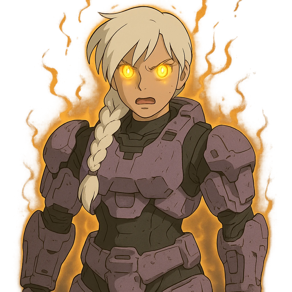 female, wearing reach spartan armor shoulder-unequip, long white braid hair with massive messy front side single bangs, gold yellow eyes, attention pose, D-cup size, HALO:series, no helmet, the armor is lavender color scheme, eyes glowing, demon eye, gleam, rage aura, body steaming emoji