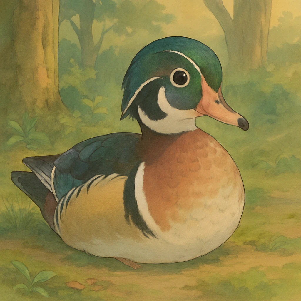 wood duck, soft colors, gentle expression emoji