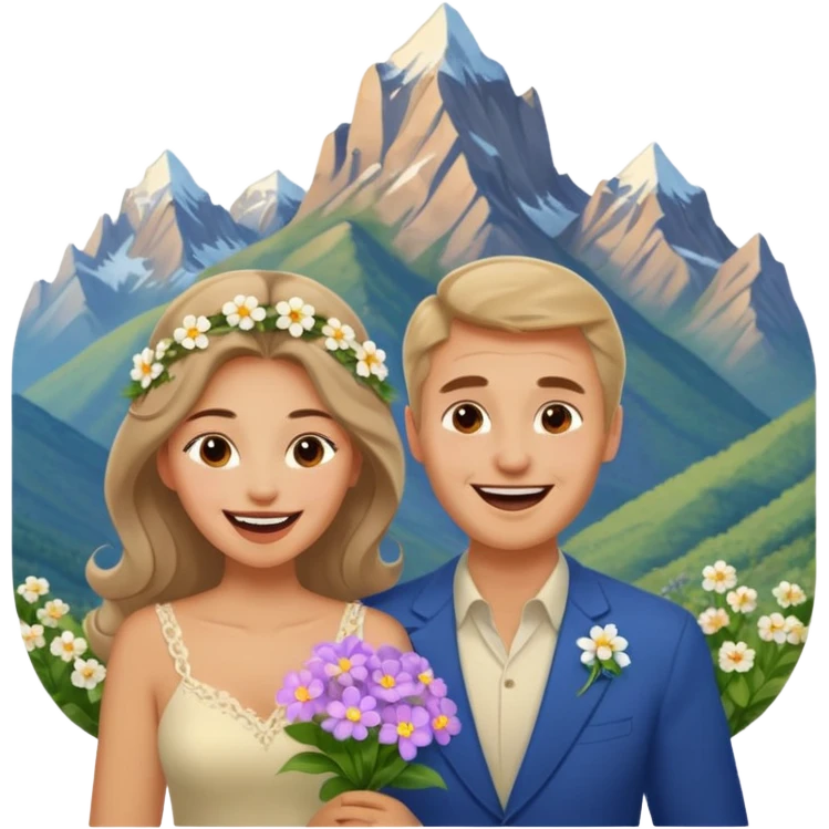 Couple  laughing traveling russian man and elegant  Latina girl delicate flowers and mountains in the background  emoji