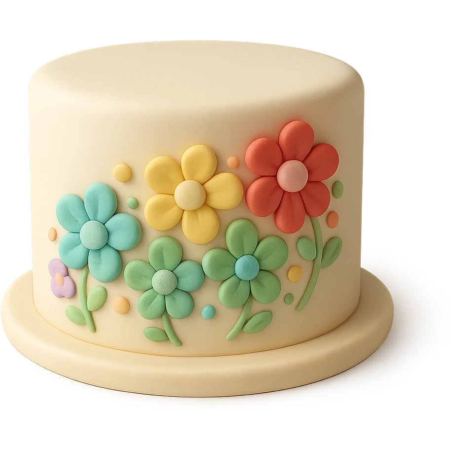 round fondant cake decorated with rainbow flowers emoji