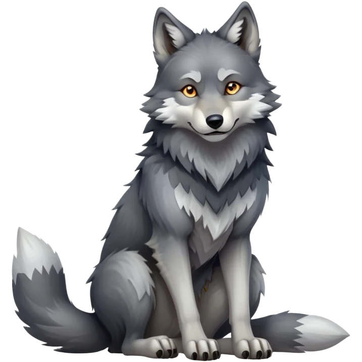 cinematic-[wolf]-realistic-full-body-sitting-emoji,-tail-resting-loosely-beside-its-paws,-head-tilted-dramatically, -scruffy-[grey]-fur,-simplified-yet-realistic-focused-features,-highly-detailed,-glowing-with-an-almost-sarcastic-glow emoji