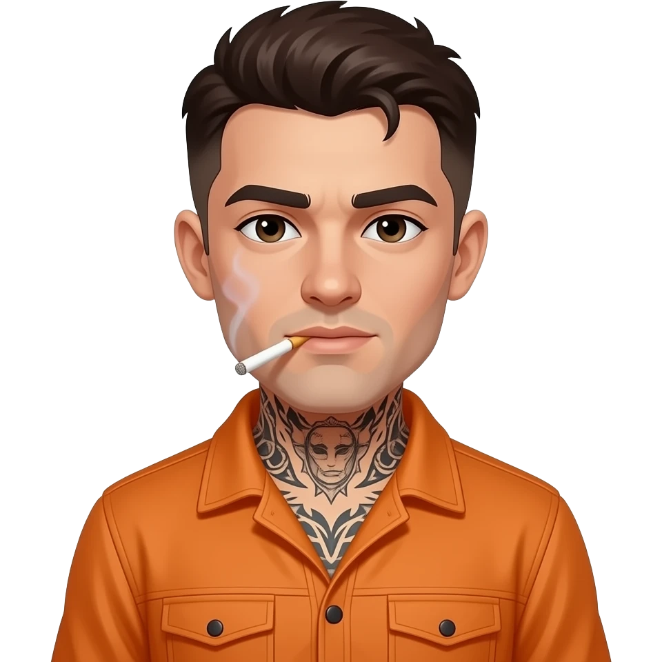 Face tattoos short dark brown hair no neck tattoos wearing an orange jumpsuit smoking a cigarette emoji