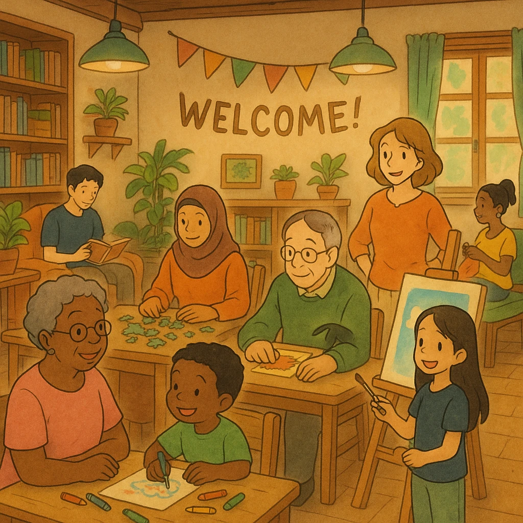 ghibli style warm, welcoming inclusive activity space with soft lighting and diverse people emoji