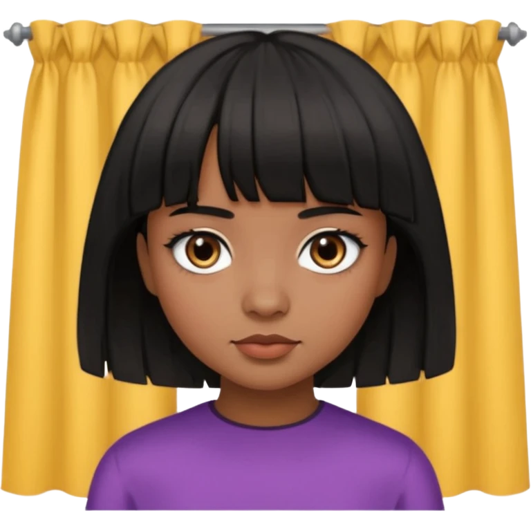 Girl that has a short black hime cut with curtain bangs, then dark brown eyes, and has a bit brown skin emoji