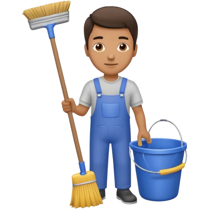 man in cleaning clothes, holding a broom and a bucket emoji