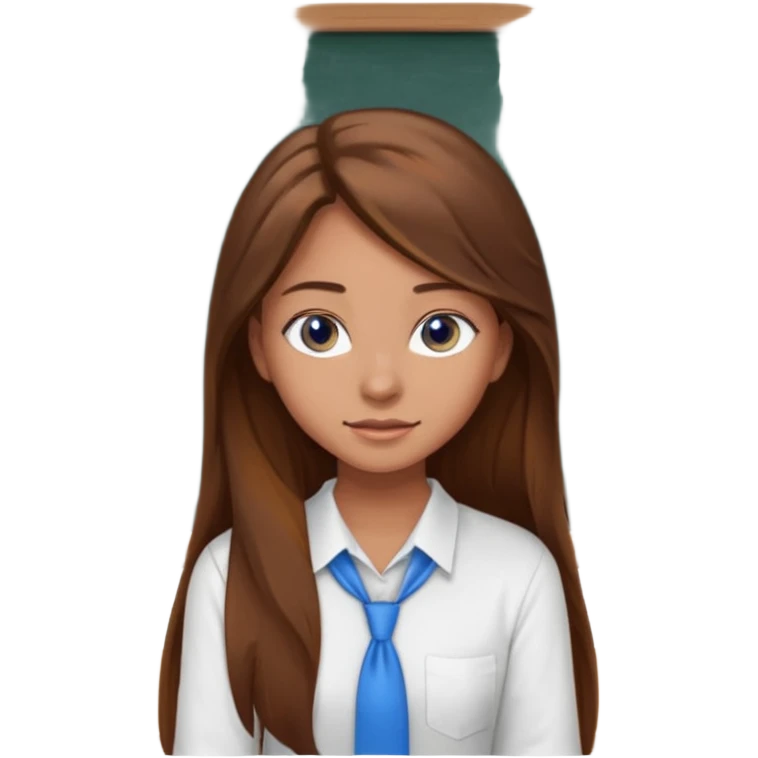 high school class room with a pretty female high school student with long brown hair, blue eyes sitting in front of the blackboard emoji