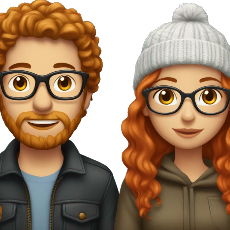 Red haired white couple kissing. Woman long hair with beanie. Man curly hair with glasses. emoji