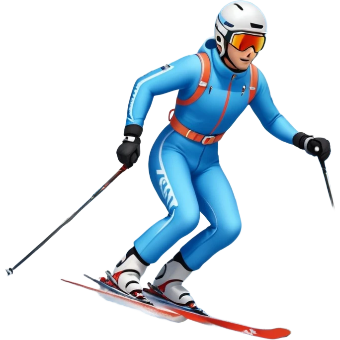 An icon featuring snowy peaks, pine trees, and a picturesque mountain landscape with a skier racing down a snow-covered slope, The sky is blue with soft clouds, capturing the thrill and beauty of alpine skiing. Transparent background highlights the excitement and serenity of winter sports. emoji