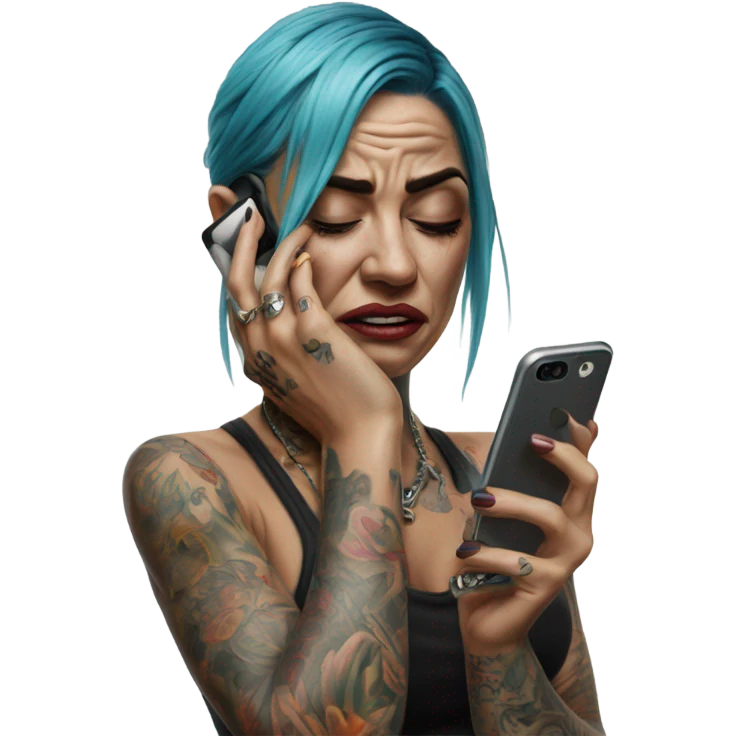 Hyper Realistic Beautiful tattooed woman crying holding a phone  emoji