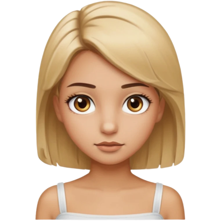 A girl with dirty blonde hair and hazel round eyes. Long eyelashes and brown eyebrows. She is a little tan and wears a white tube top emoji