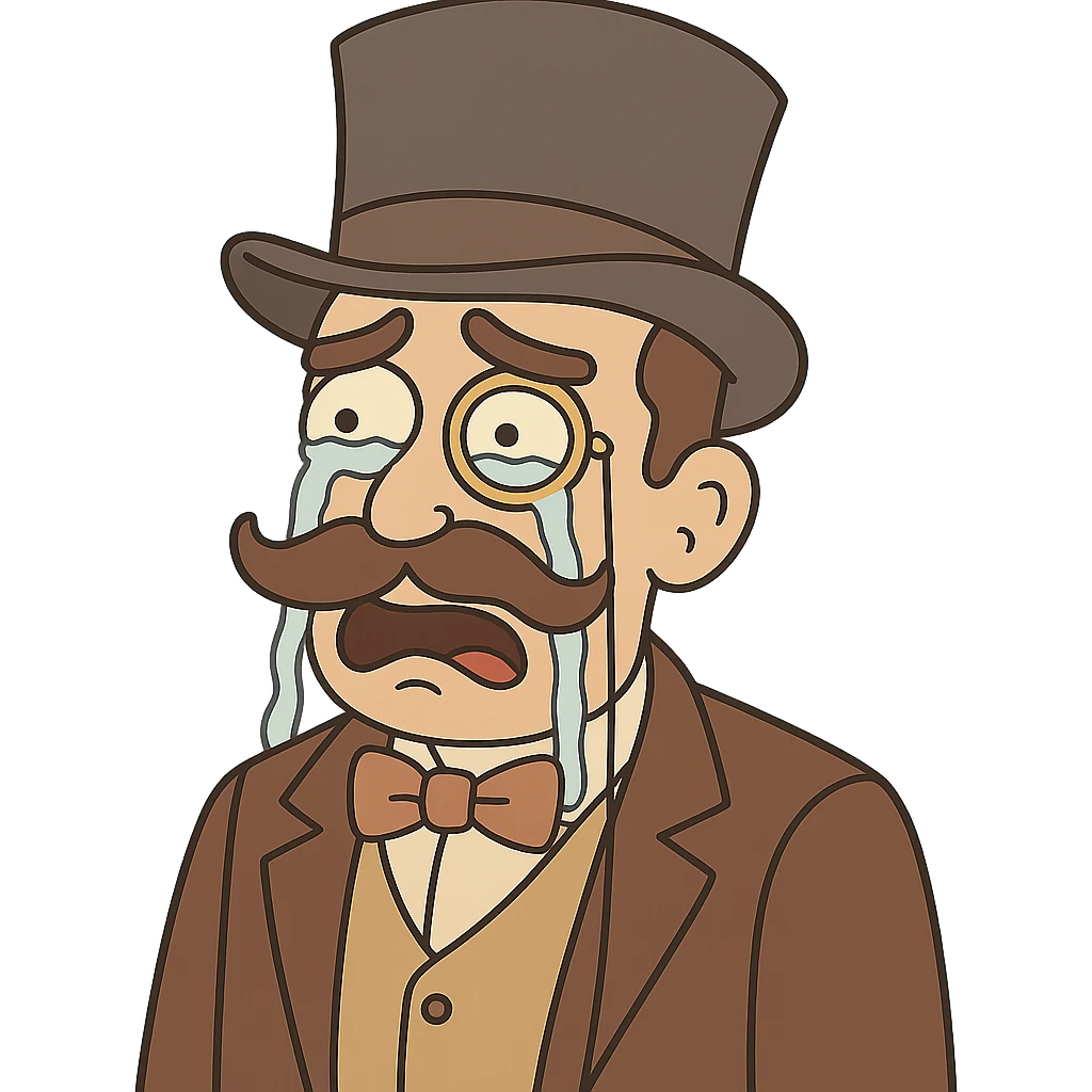 Make the man with mustache, top hat, and monocle cry, in flat toon style, with no background. emoji