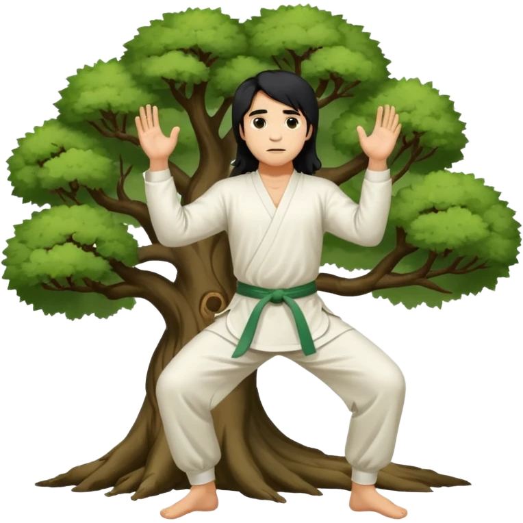 pratiquant de qi gong, homme aux cheveux long, en position de l'arbre, en tenue noire ou blanche. L'image ne contiendra pas d'arbre emoji
