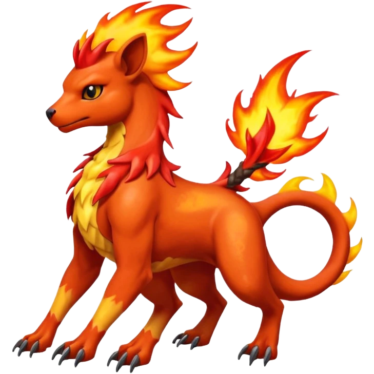 Badass cool shiny Houndoom-Charmeleon-Fakémon-hybrid-creature (full body)  with flamey Mohawk  emoji
